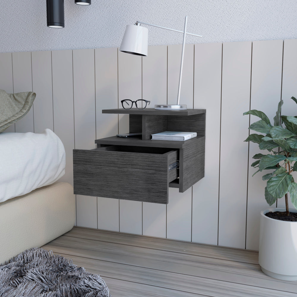 Modern floating nightstand in dark grey wood grain with open shelf and drawer
