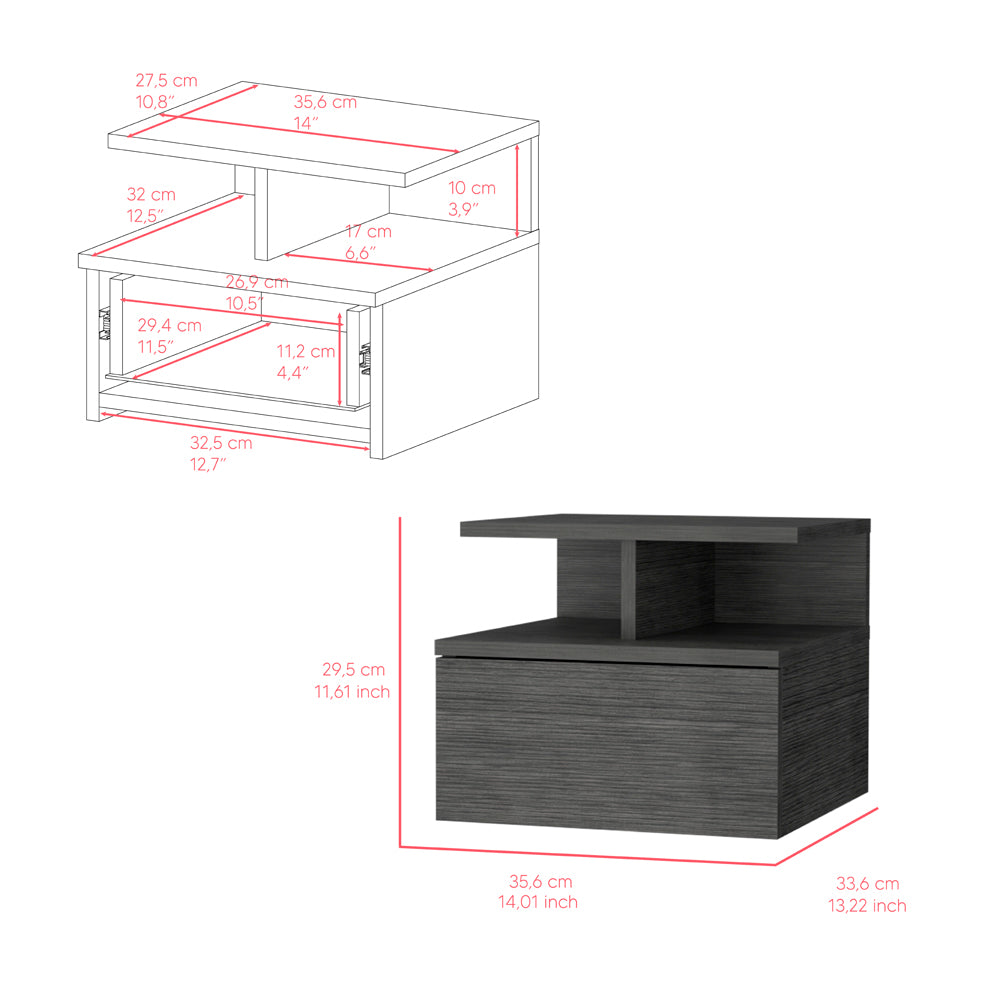 Modern gray nightstand with one drawer and open shelving