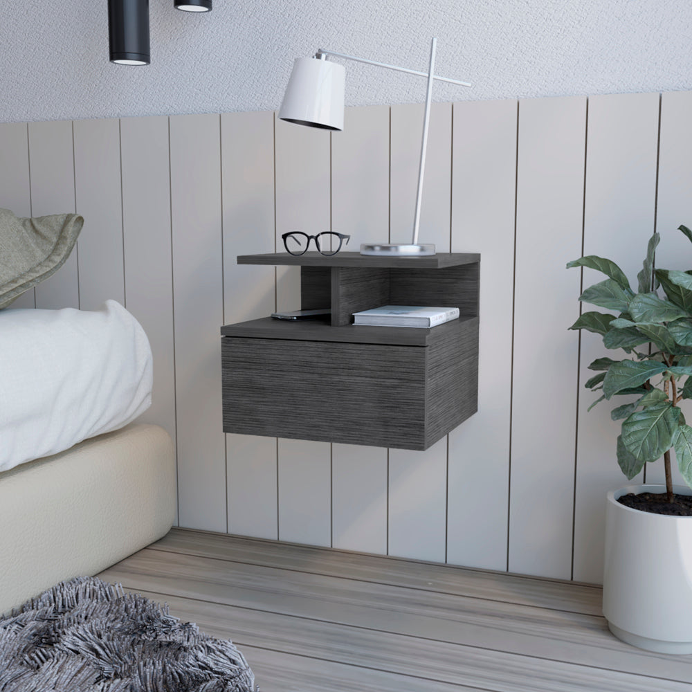 Modern grey floating nightstand with drawer and open shelf