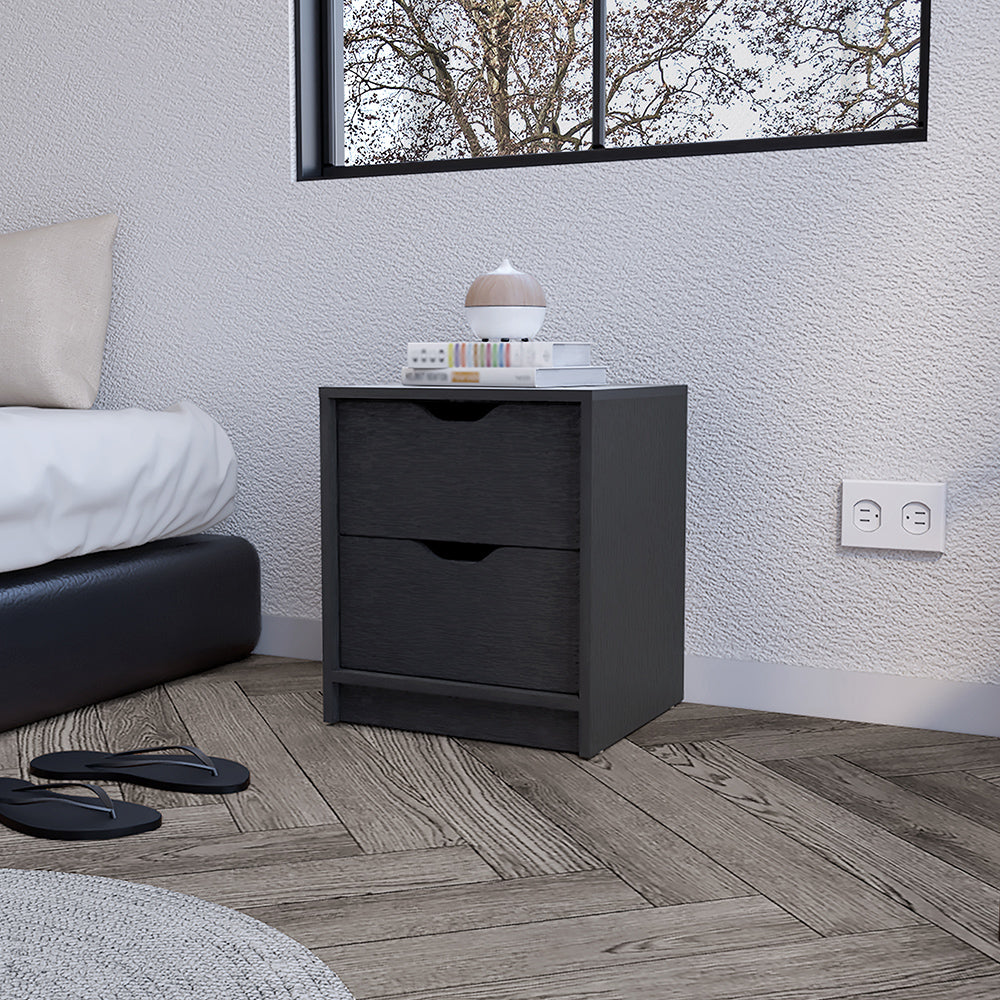 Dark wood bedside table with two drawers and modern minimalist design