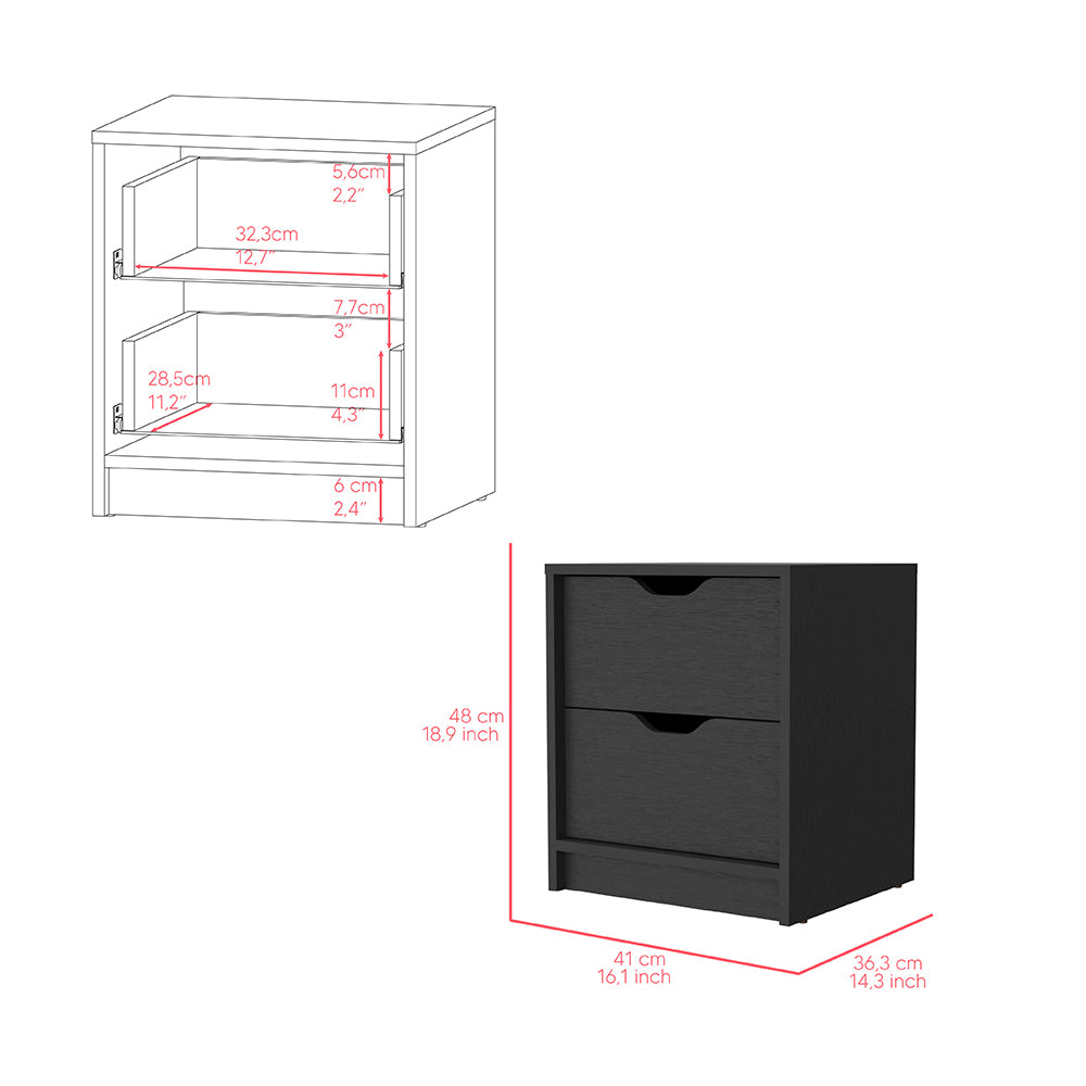 Black twodrawer nightstand with wood grain texture and cutout handles
