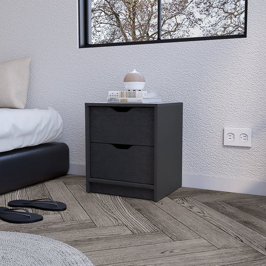 Dark grey wooden bedside table with two drawers and a modern design