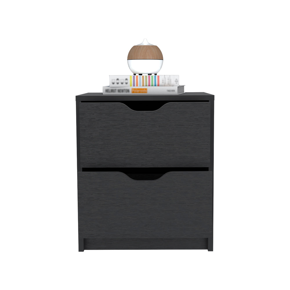 Dark gray twodrawer nightstand with modern recessed handles and oak veneer finish