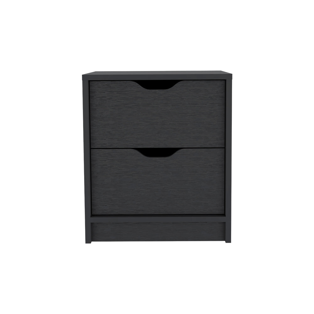 Black twodrawer nightstand with brushed wood grain finish and integrated handles
