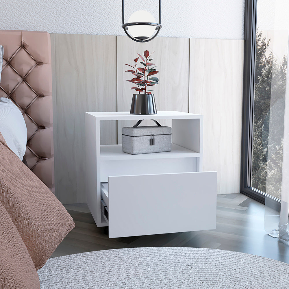 Modern white nightstand with an open shelf drawer and decorative plant