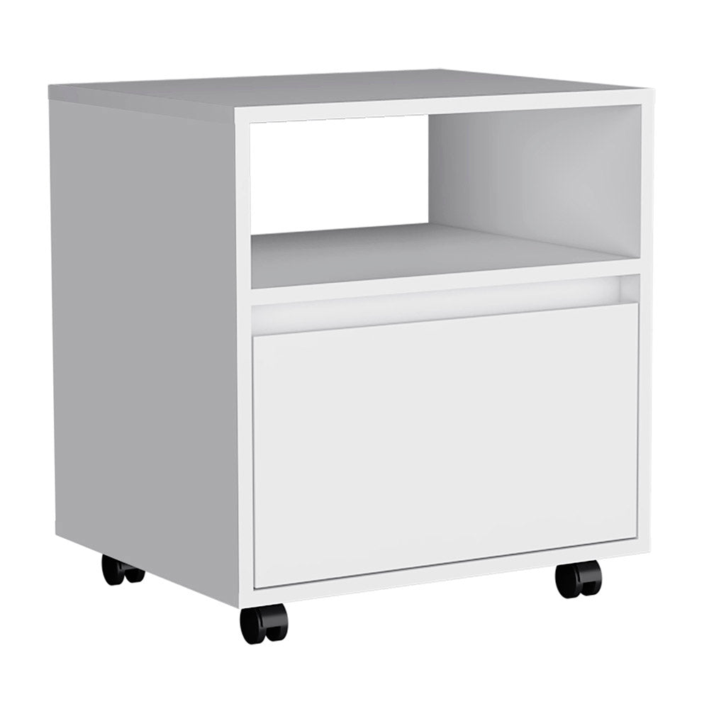 White mobile filing cabinet with one drawer and open shelf
