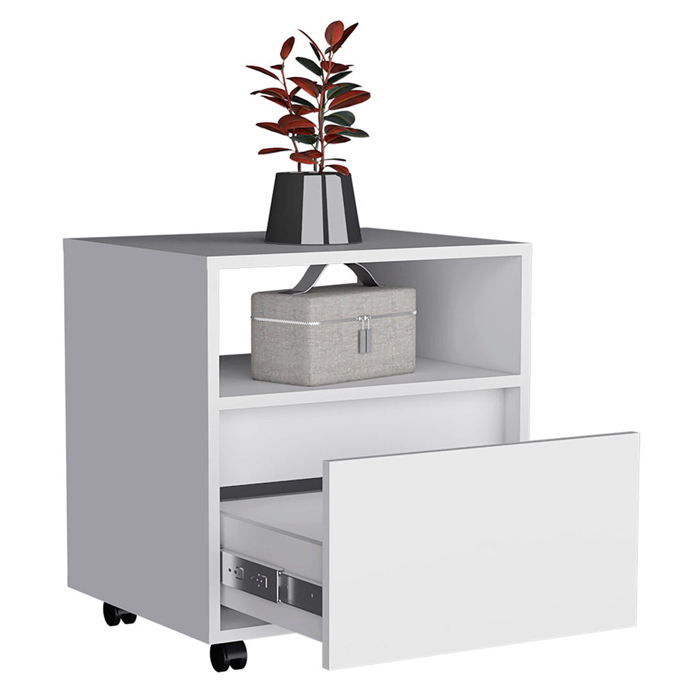 Modern white nightstand with rolling casters open shelf and one drawer