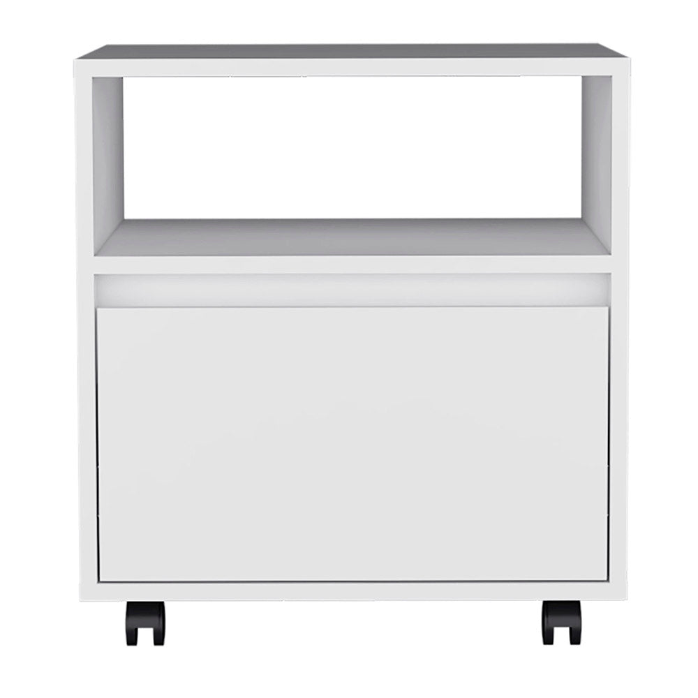 White modern mobile filing cabinet with open shelf and drawer on wheels