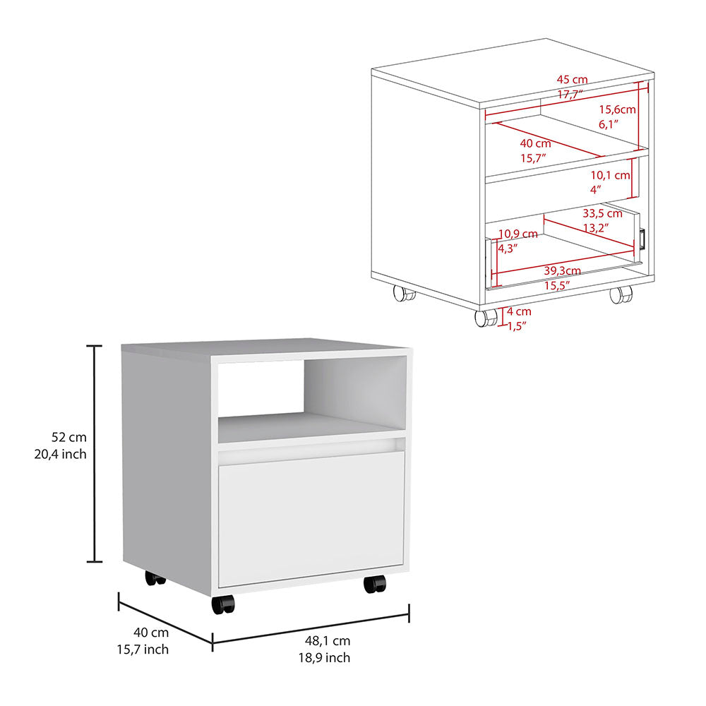 White rolling filing cabinet with one drawer and open shelf
