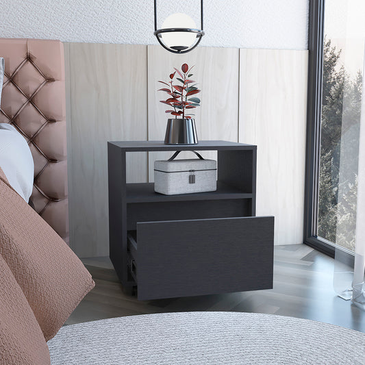 Dark gray modern nightstand with an open shelf and one drawer