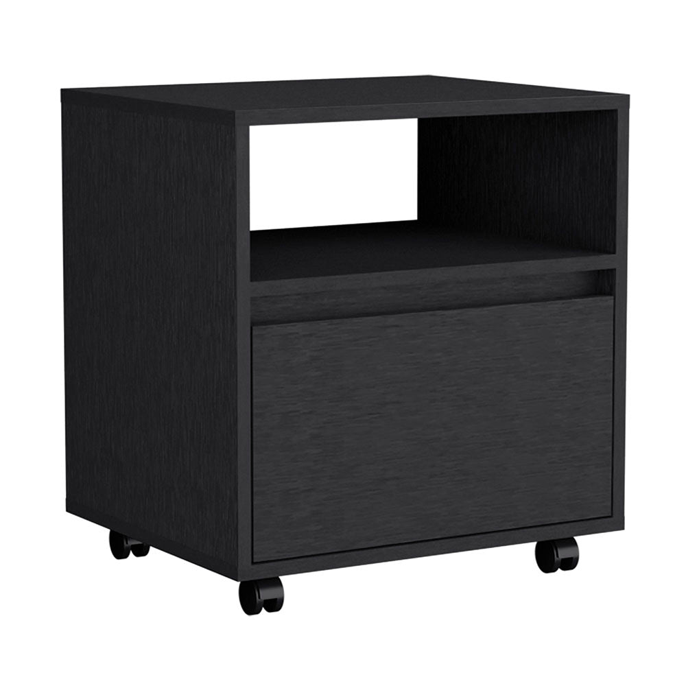 Black wheeled filing cabinet with one drawer and open shelf space