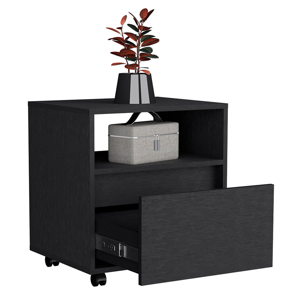 Black modern nightstand with open shelf and partially open drawer
