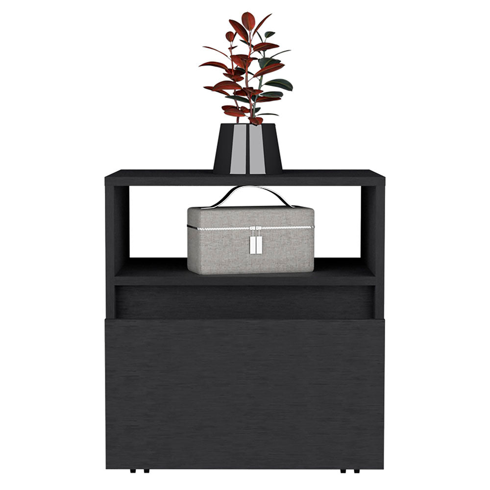 Modern black nightstand with open shelf displaying gray makeup bag