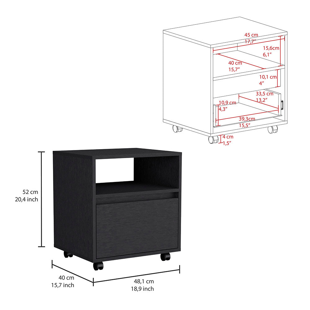 Black rolling file cabinet with drawer and open shelf for office storage