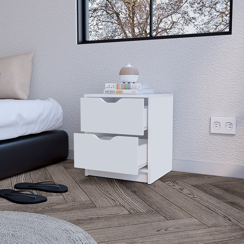 White twodrawer nightstand with modern cutout handles perfect for small bedrooms