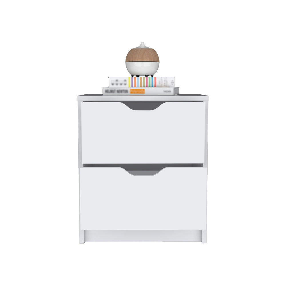 White modern twodrawer nightstand with integrated handles and an essential oil diffuser on top