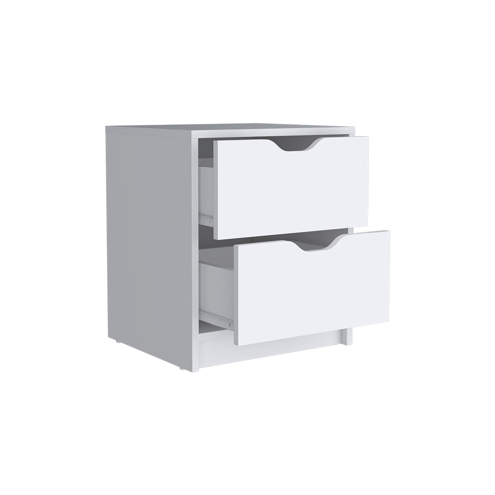 Modern white twodrawer bedside table with integrated handle cutouts