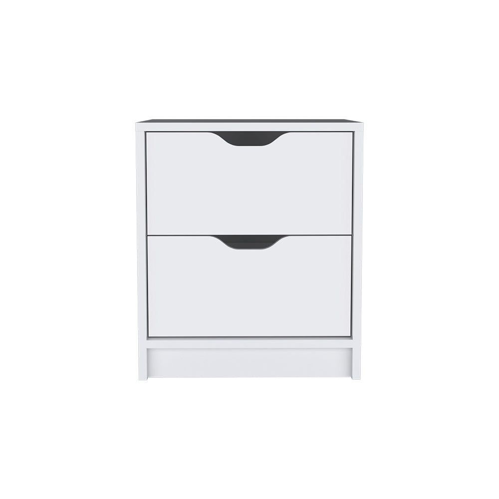 Sleek white twodrawer cabinet with modern cutout handles ideal for bedroom storage