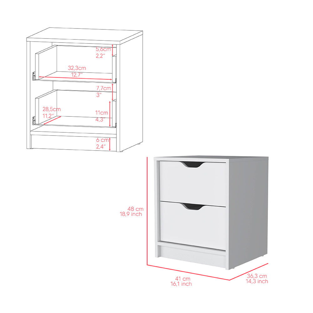 White twodrawer bedside table with modern minimalist design and integrated handles