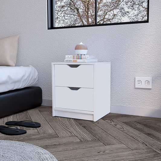 White twodrawer nightstand with modern cutout handles ideal for bedroom storage