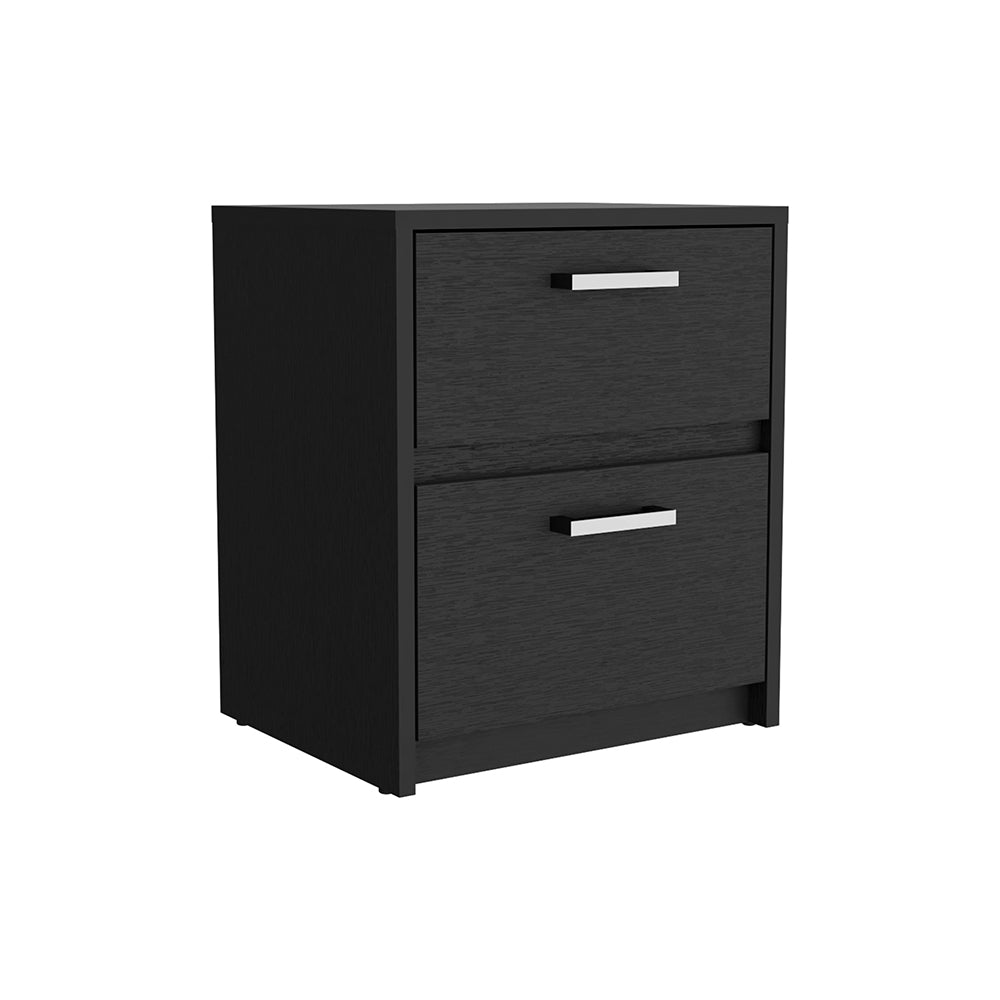 Black wooden filing cabinet with two drawers and silver handles