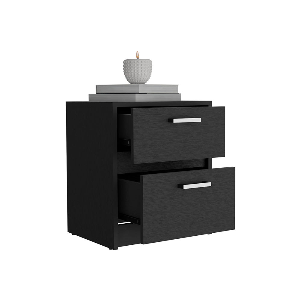 Black wood twodrawer nightstand with silver handles featuring open drawers and decorative items