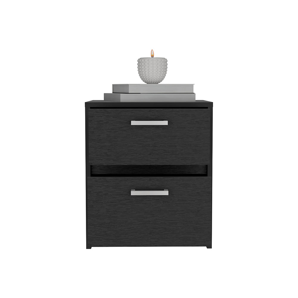 Black twodrawer nightstand with silver handles and wood grain texture