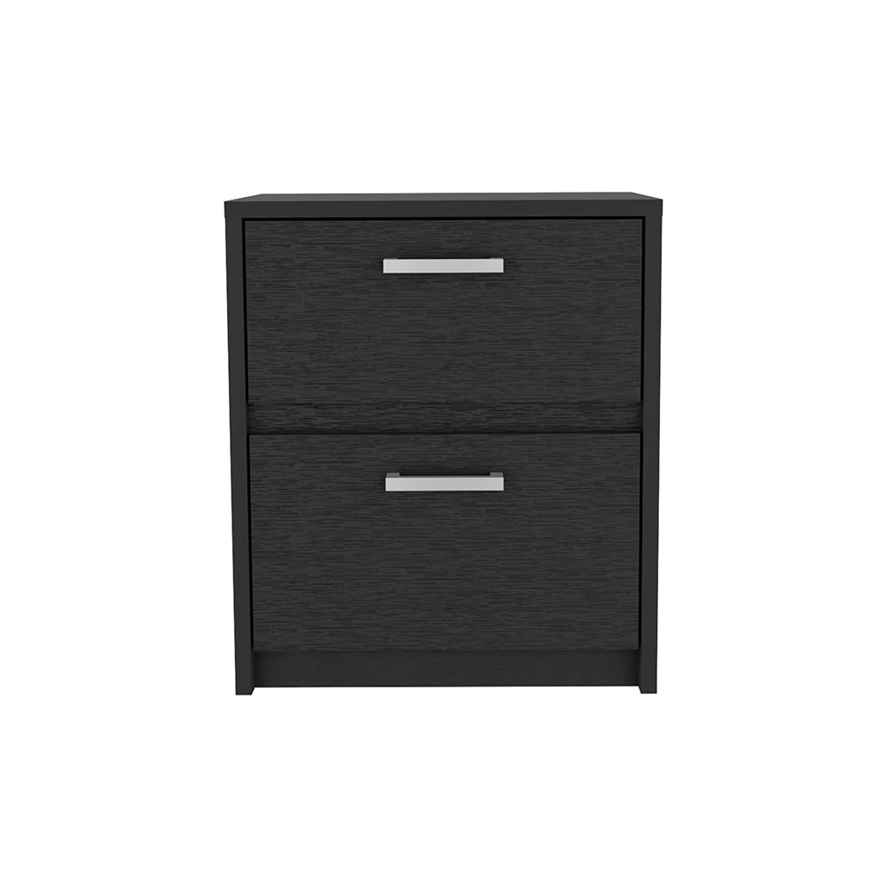 Black twodrawer bedside table with silver handles