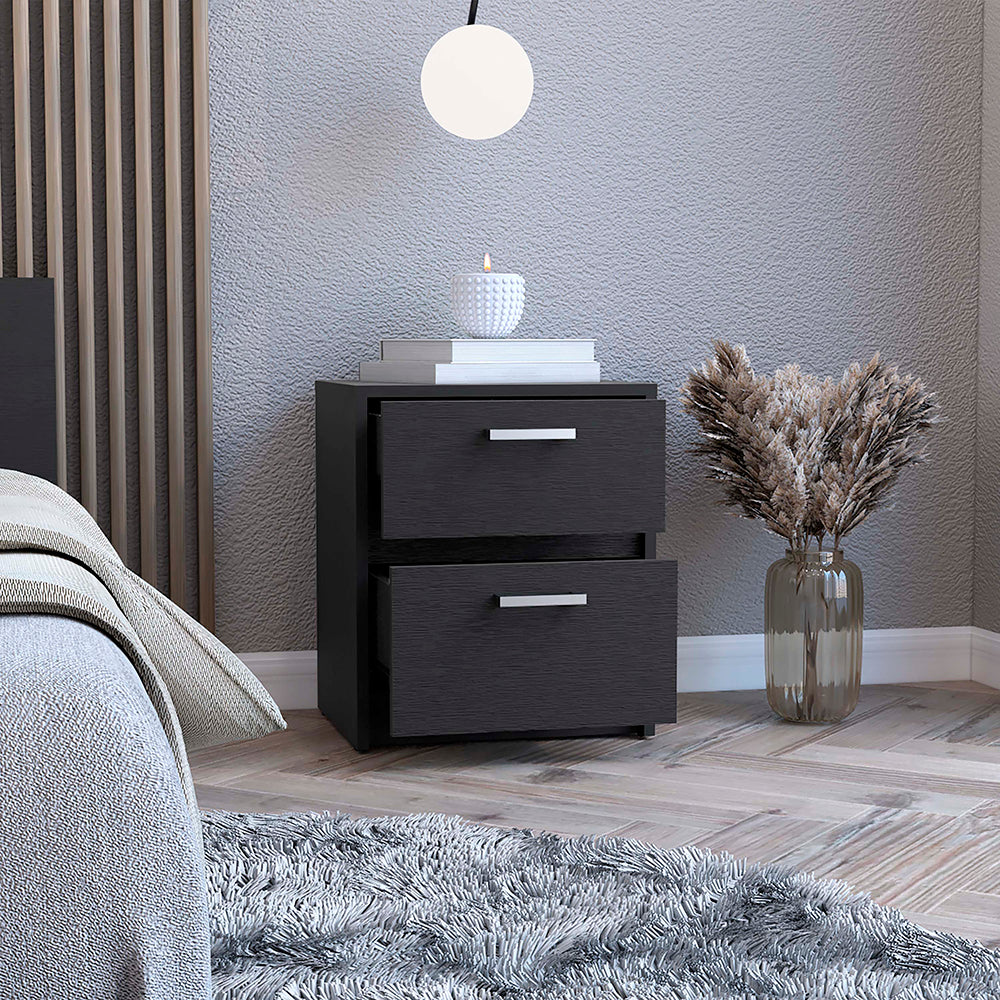 Dark grey twodrawer nightstand with silver handles in a bedroom setting