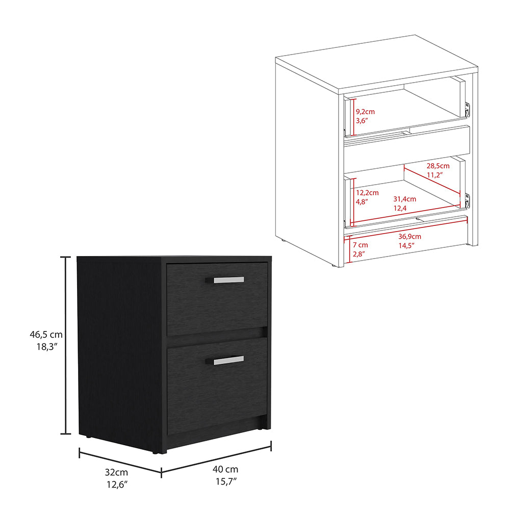 Black twodrawer filing cabinet with silver handles and wood grain texture