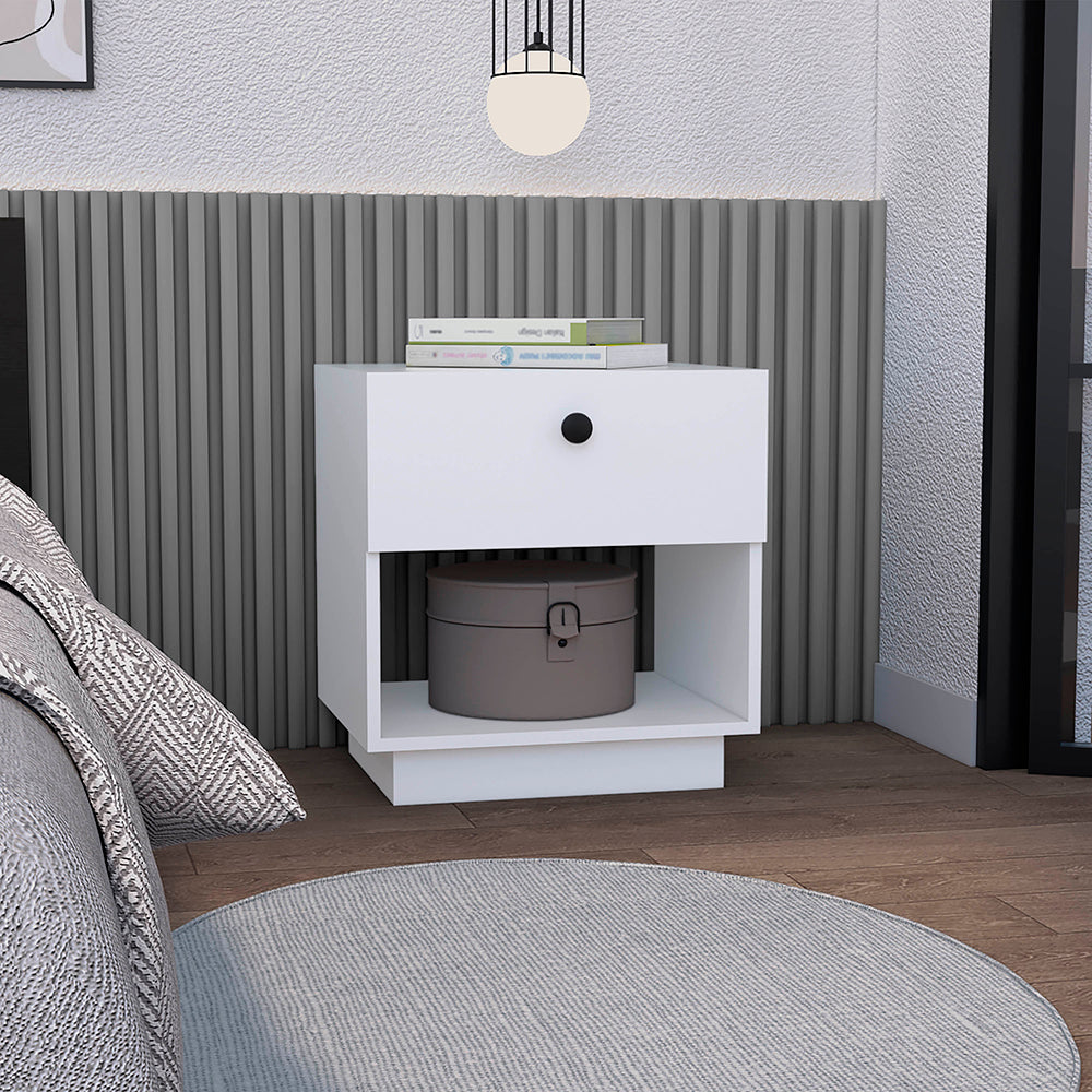 Modern white nightstand with one drawer and open shelf