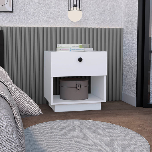 Modern white nightstand with one drawer and open shelf
