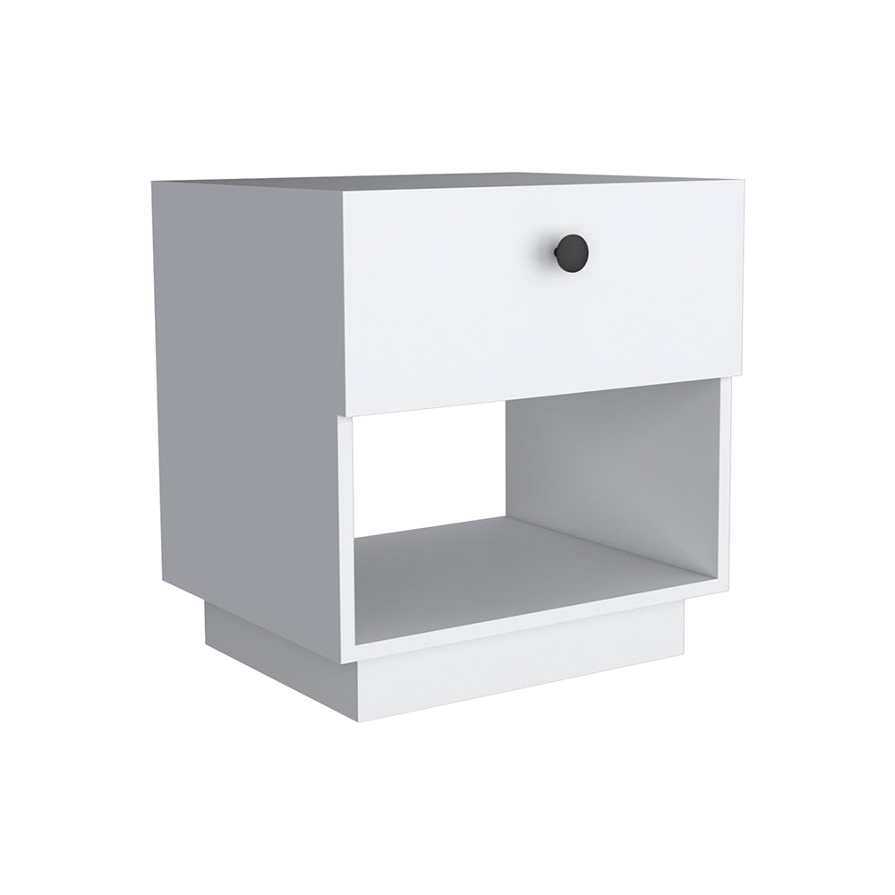 Modern white nightstand with one drawer and open shelf