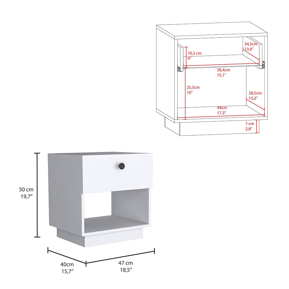 White modern nightstand with one drawer and open shelf cm tall