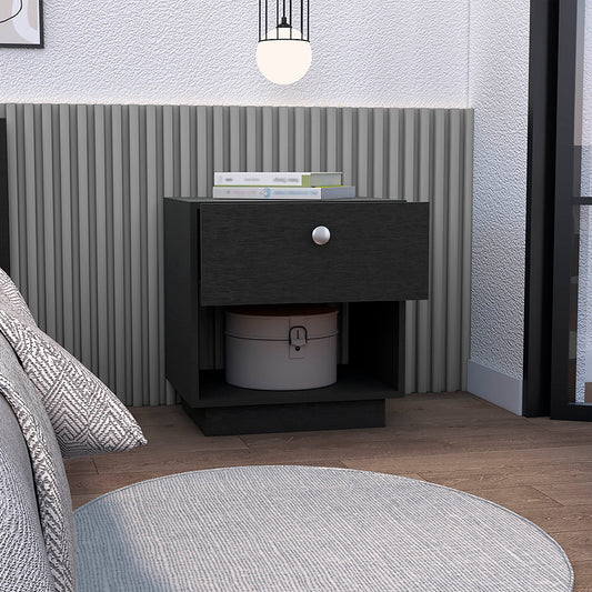 Black modern nightstand with one drawer and open shelf perfect for bedroom storage