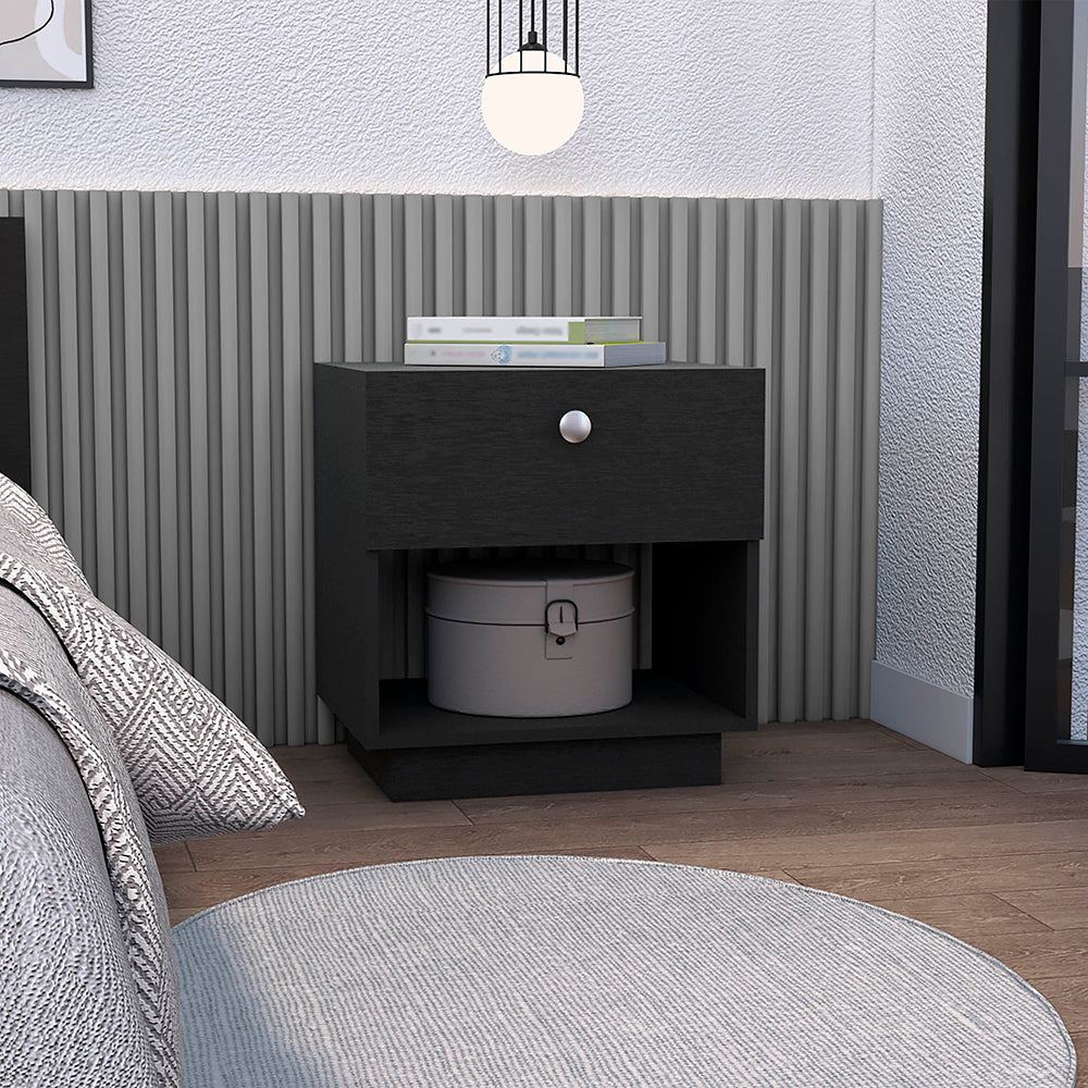 Modern black wood nightstand with one drawer and open shelf for bedroom