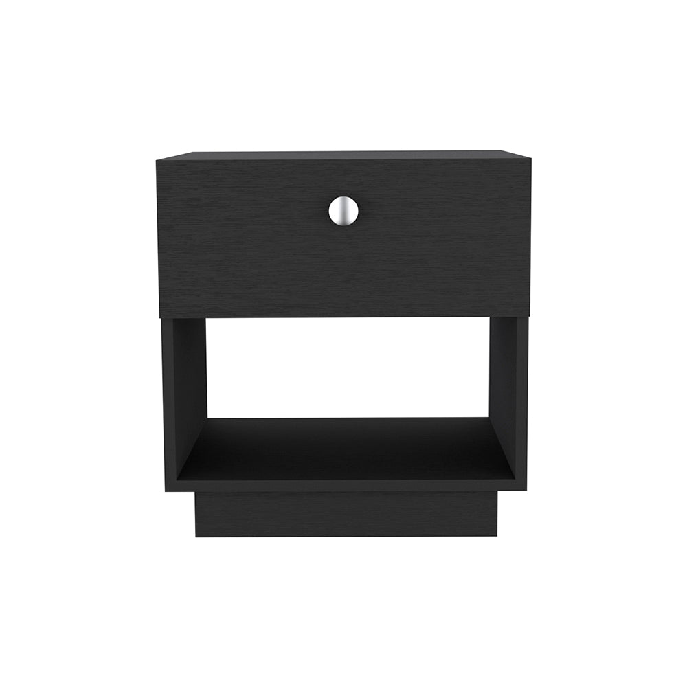 Black wooden nightstand with one drawer and open shelf