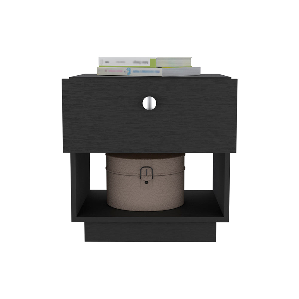 Black modern nightstand with one drawer and open shelf holding books and a decorative box