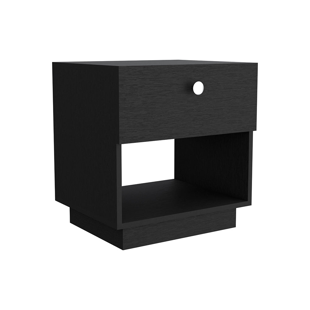 Black oakfinish nightstand with one drawer and an open shelf
