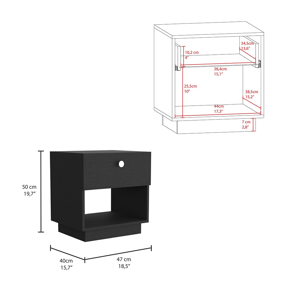Black nightstand with one drawer and open shelf dimensions xx cm