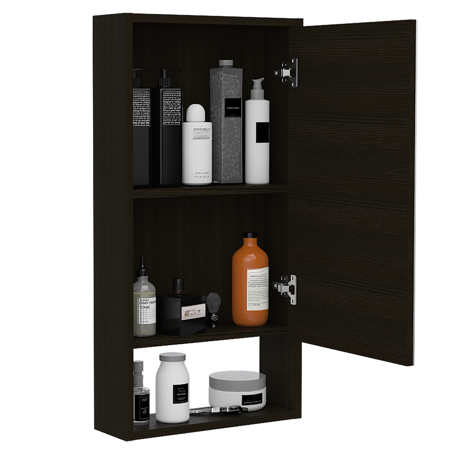 Dark wood bathroom cabinet with assorted toiletries and personal care products