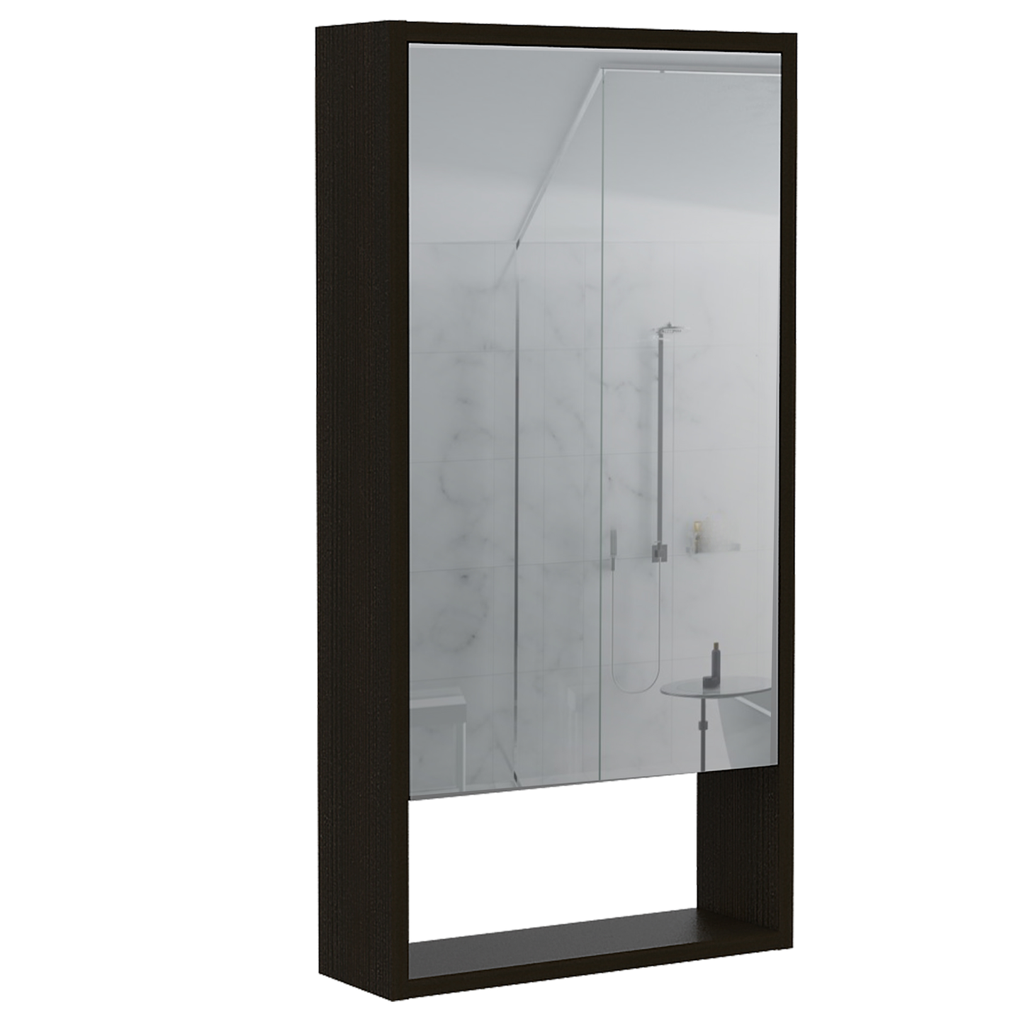 Modern dark wood medicine cabinet with mirrored door and open shelf