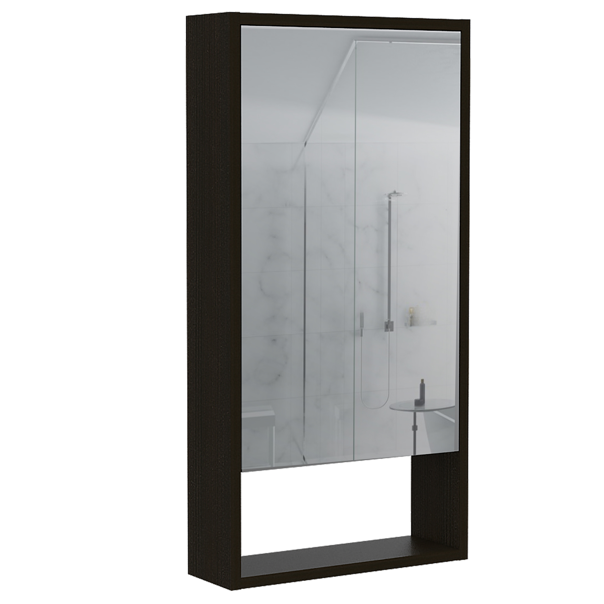 Modern dark wood medicine cabinet with mirrored door and open shelf