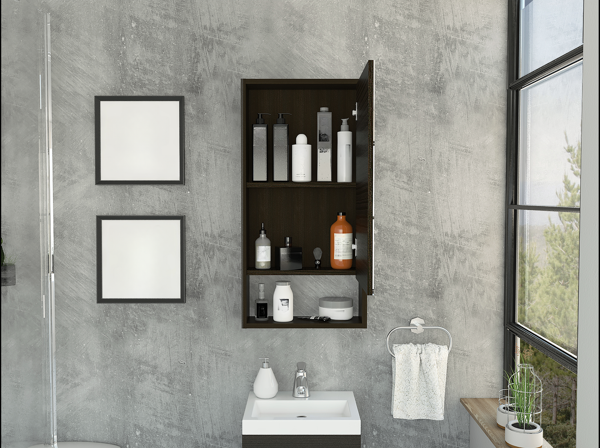 Dark wood medicine cabinet filled with various bathroom products and toiletries
