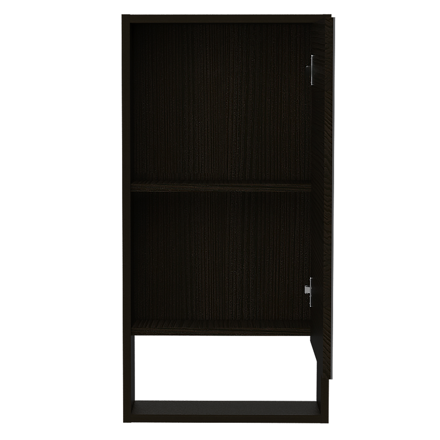 Dark wood cabinet with two open shelves and a single door