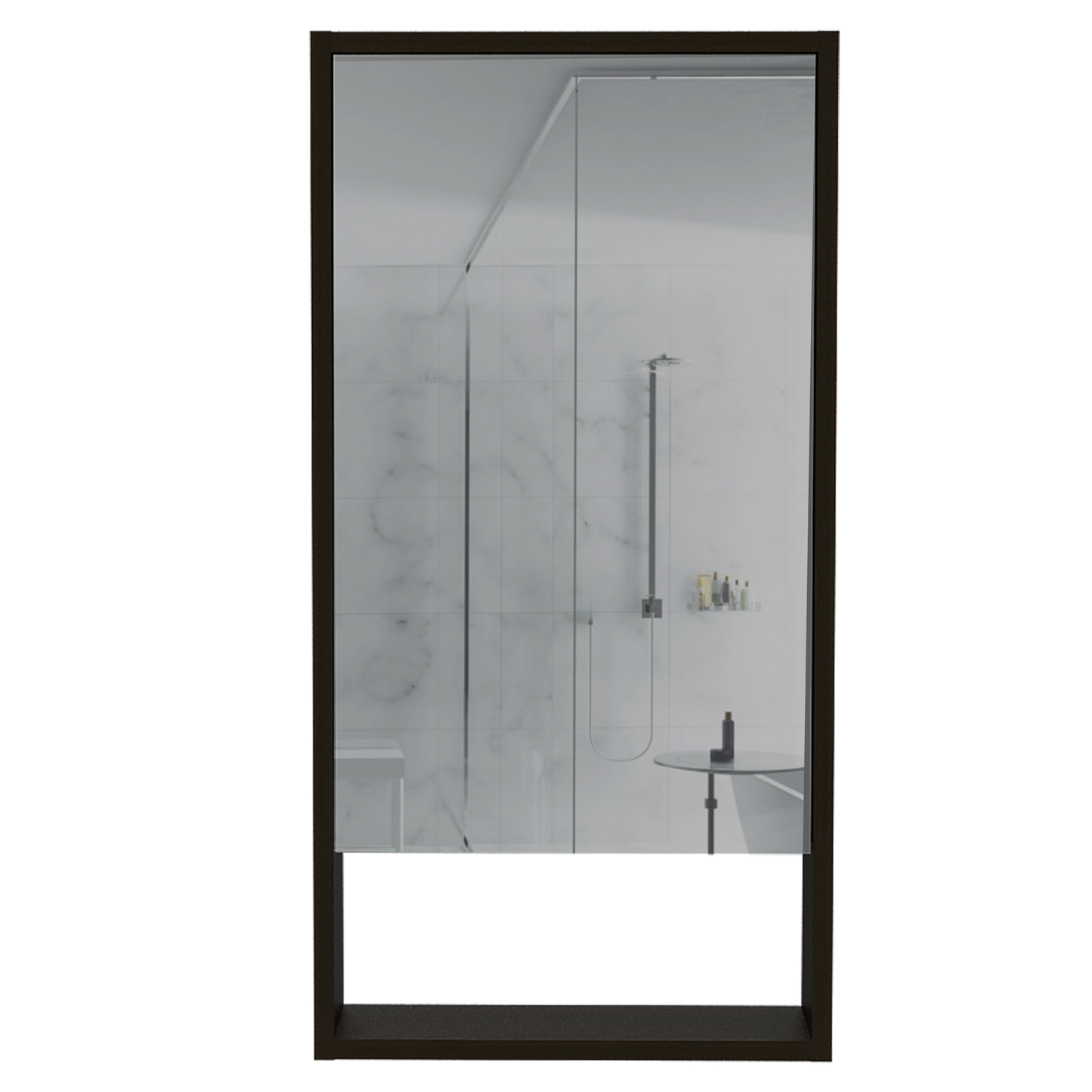 Framed shower screen with sleek dark frame and clear glass panels