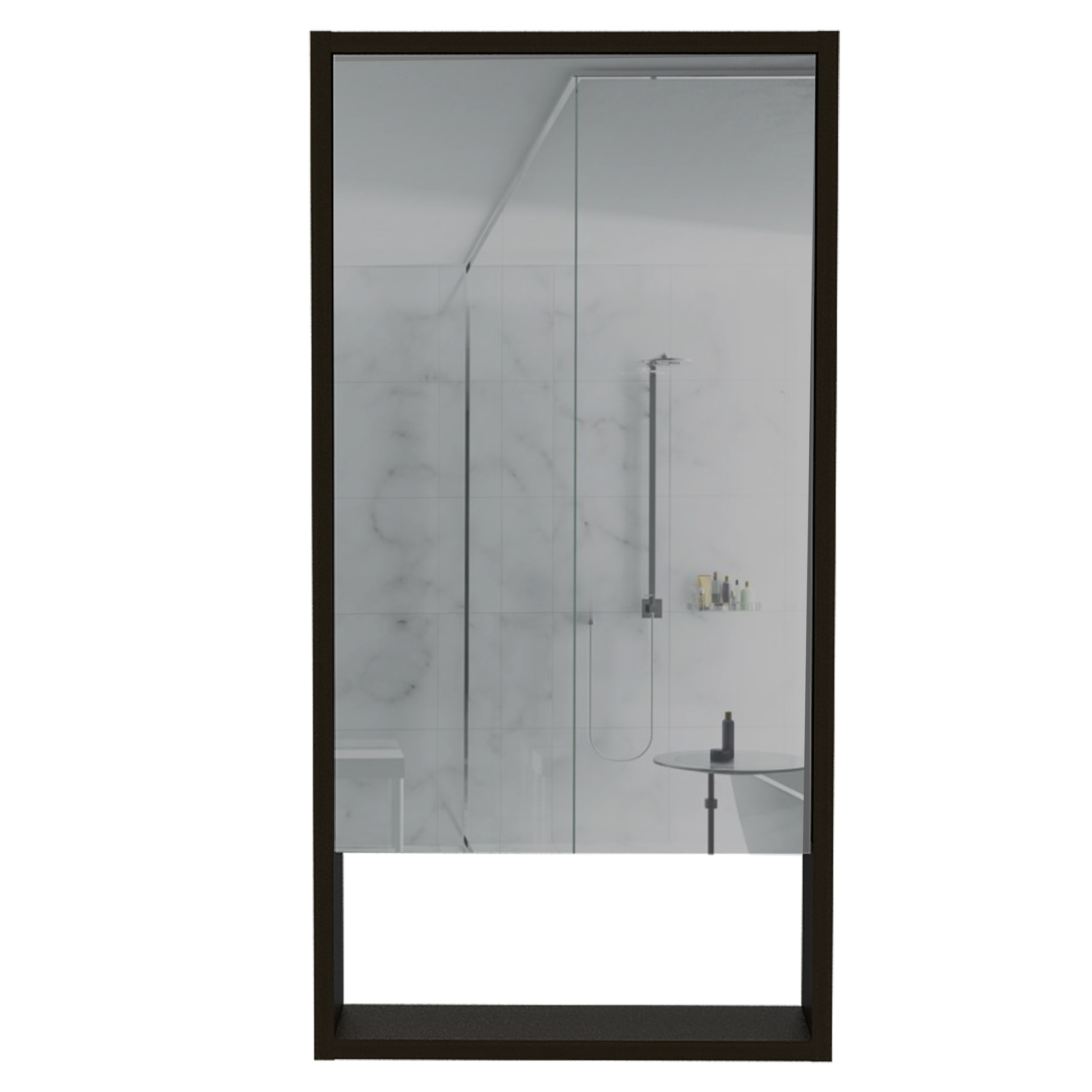 Framed shower screen with sleek dark frame and clear glass panels