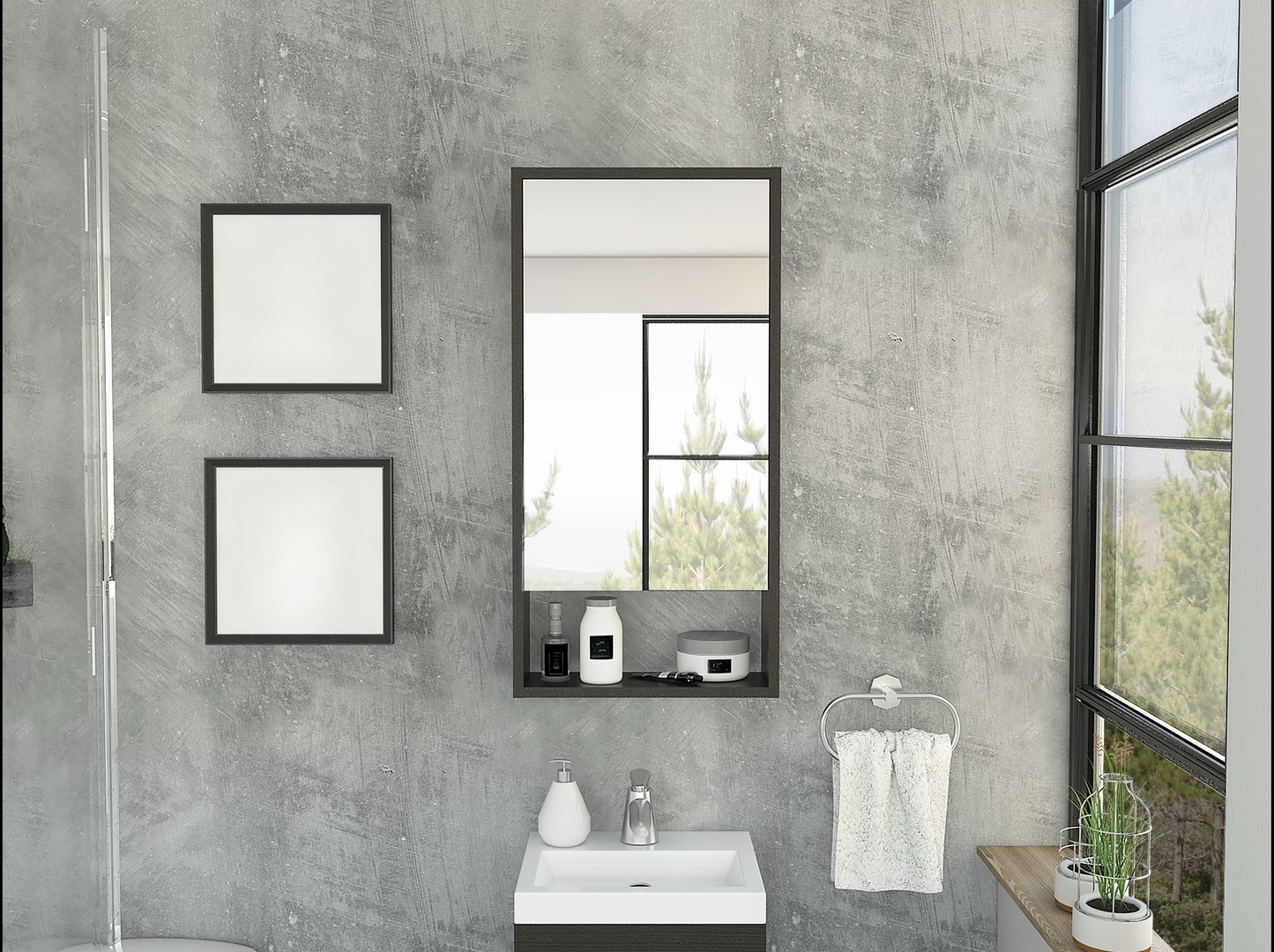 Modern frameless wall mirror with integrated shelf perfect for bathroom organization