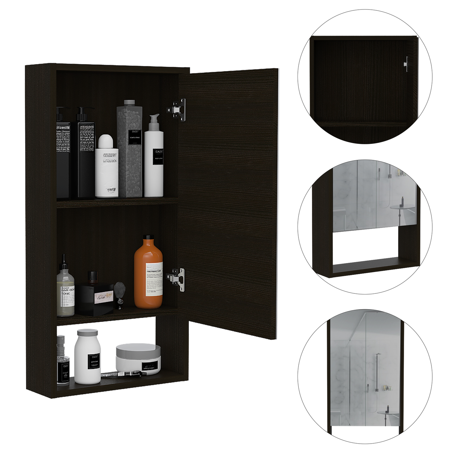 Dark wood bathroom medicine cabinet with open door showing toiletries