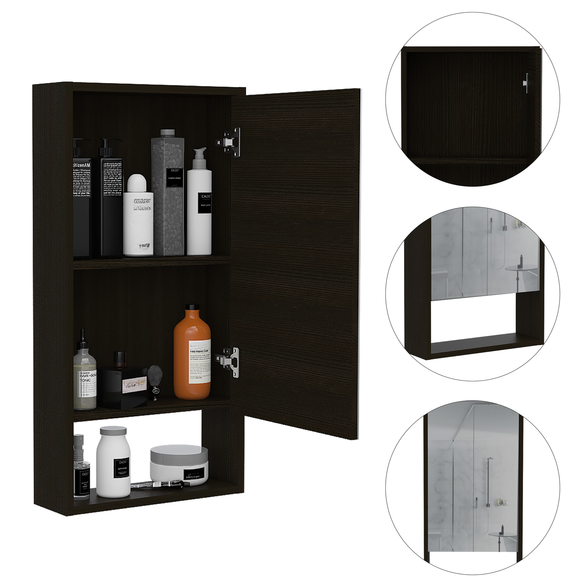 Dark wood bathroom medicine cabinet with open door showing toiletries